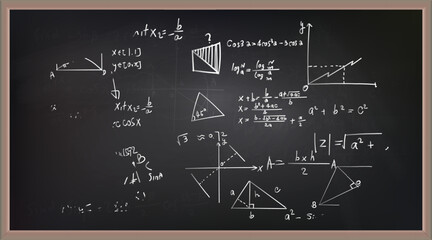 Vector illustration of chalkboard and math formulas on chalkboard. Numbers. Calculation. Teaching math on chalkboard. Chalkboard.
