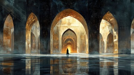 Echoes of Eternity: An evocative image of a figure standing within a series of archways in ancient architecture bathed in a mystical golden light.