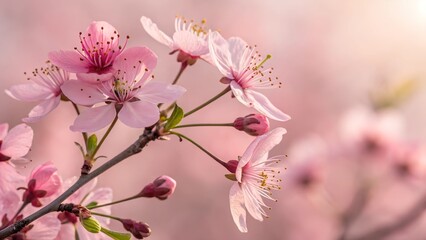 Obraz premium Cherry Blossom's Gentle Embrace: Delicate cherry blossom branch, adorned with soft pink petals and intricate details, evokes a sense of spring's arrival and nature's renewal.