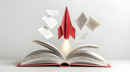 Conceptual image of a 3D rendered DIY paper rocket launching from an open book with pages fluttering like an explosion representing innovation creativity and the power of education and technology