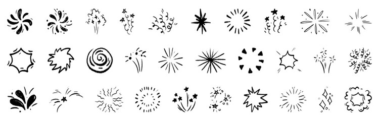 Crayon scribble firework explosion doodles set with hand drawn bursts and sparks in black ink style. Simple sketched festive celebration elements and sparkling outlines for holiday decorative design.
