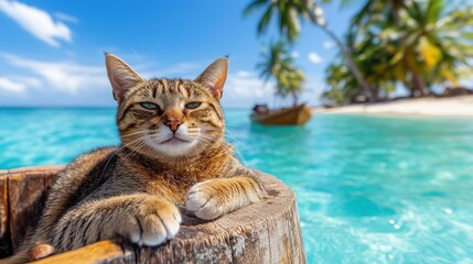 Obraz premium cat relaxes with its front legs resting on a weathered wooden post, surrounded by turquoise waters and swaying palm trees under a bright blue sky in a serene tropical setting