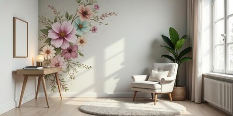 Serene Room Decor Featuring a Pastel Floral Wall Mural, Wooden Desk, Comfortable Armchair, and Potted Plant