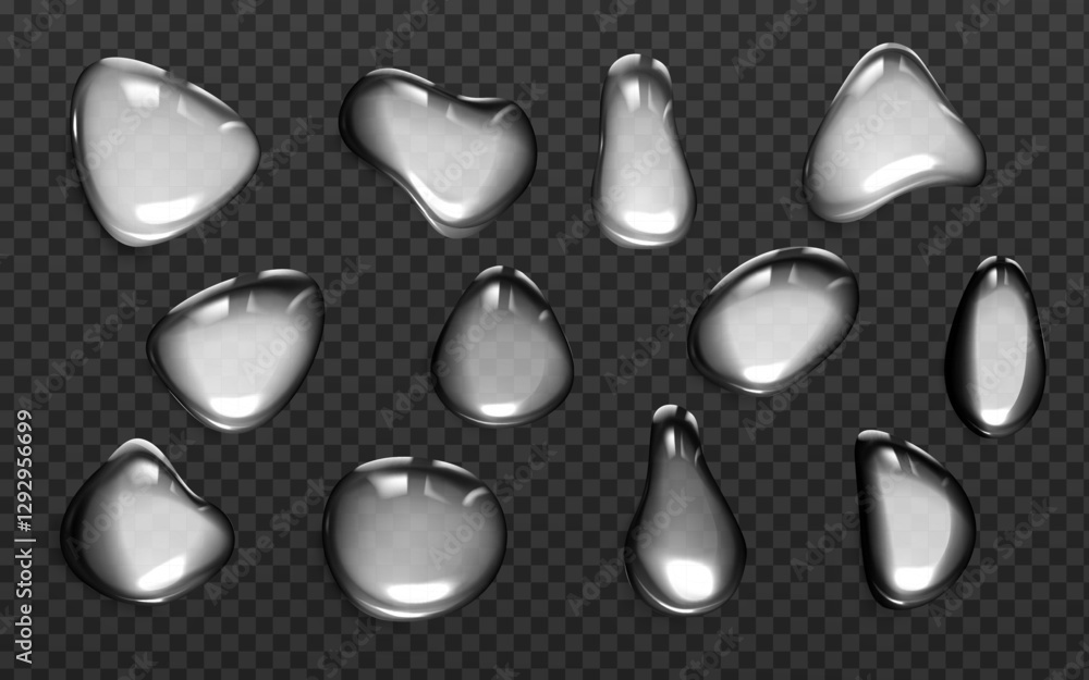 Poster liquid silver drops and blobs set on transparent background - glossy metallic splashes collection. s