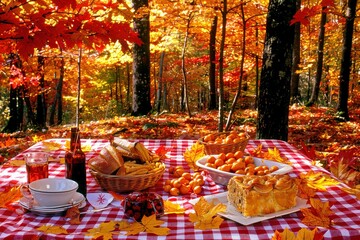 A cozy picnic scene in a vibrant autumn forest, featuring a checkered tablecloth, delicious food, and colorful foliage.
