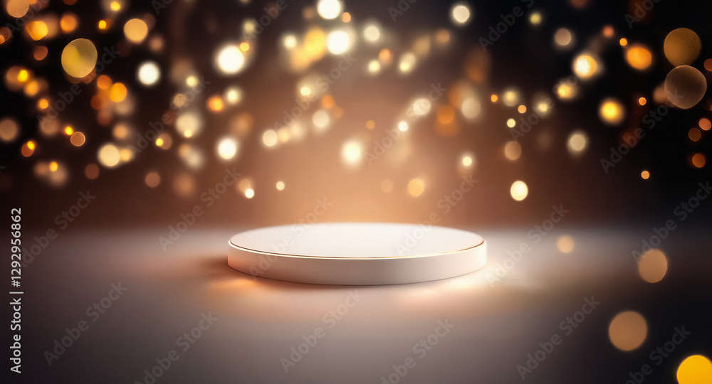 Aufkleber a bright podium stands on a reflective surface, illuminated by a bokeh background of golden lights, 