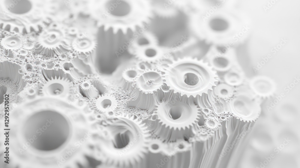 Poster abstract intricate white gears and cogs. close-up view of complex gear network.