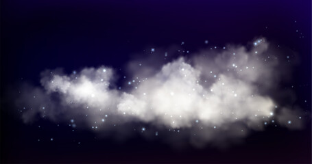 Smoke sparkle background with glowing blue nebula effect and scattered shimmering stars. Mystical cosmic atmosphere with luminous particles and vapor cloud. Dreamy night sky with magic fog and glitter