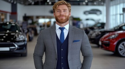 well-groomed car salesman with a beard smiles confidently while wearing a tailored suit in a contemporary automotive showroom filled with luxury cars