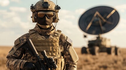 Military Personnel with Advanced Gear in Field Setting Amidst Satellite Communication Equipment