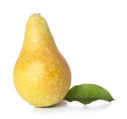 Ripe pear with leaf on white background