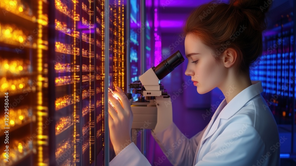 Poster young scientist in a white lab coat is intently observing samples through a microscope. colorful lig