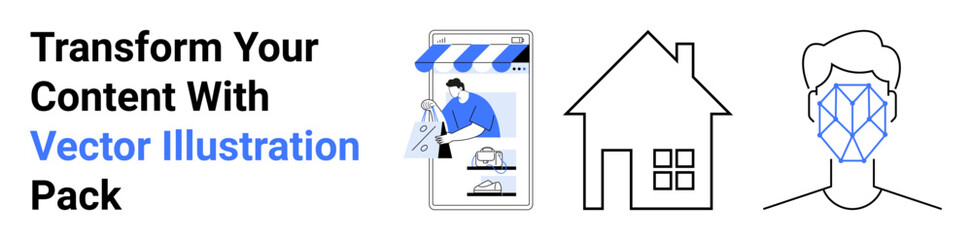 Online store app with storefront, simple house, and facial recognition concept icon. Ideal for e-commerce, smart homes, AI, real estate, security, technology flat landing page banner