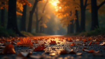 Autumnal Path Golden Hour Sunlight Illuminates Fallen Leaves on a Forest Road
