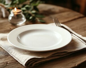 Rustic Table Setting with White Plate Linen Napkin and Candle