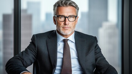 Fototapeta premium distinguished businessman dressed in formal attire sits confidently in a high-rise office