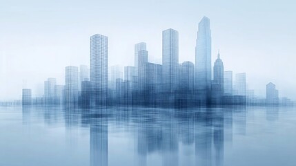 Obraz premium Abstract blue cityscape with reflections on a reflective surface and a hazy background