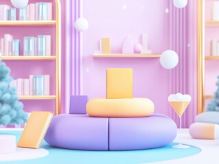 Creative lounge setup with decorative books and drinks in a modern space vibrant atmosphere digital art