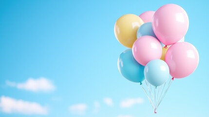 Pastel balloons float against a blue sky; celebration, joy (2)