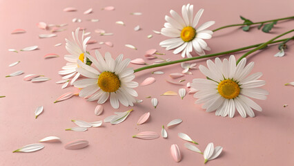 Obraz premium Daisies are scattered artistically on a pink background with petals around