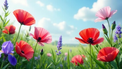 Fototapeta premium Vibrant Wildflowers Blooming Under a Sunny Sky, a Serene Meadow Scene with Delicate Petals and Lush Greenery