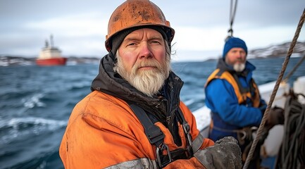 Fototapeta premium Two fishermen prepare their gear on a weathered fishing boat while battling the cold winds and waves in the Arctic region. scene captures their focus and commitment to the task