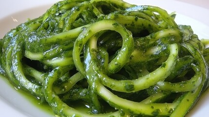 Fresh Zucchini Noodles Tossed in Vibrant Green Pesto Sauce