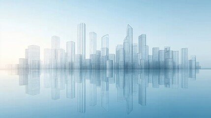 Obraz premium Abstract Cityscape Wireframe Reflection on Water Surface With Light Blue Tones and Sky