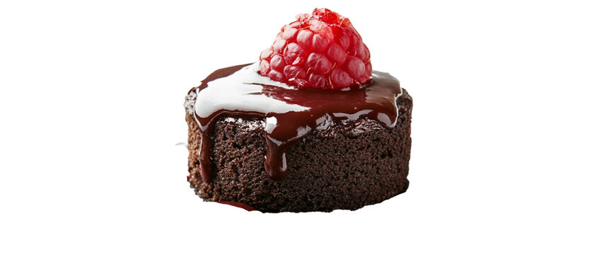 Deep chocolate cake topped with dark chocolate frosting and a raspberry coulis - Powered by Adobe