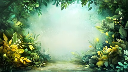 Lush Green Forest Path with Yellow Flowers and Soft Light