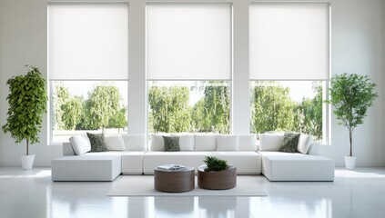 Modern white living room with park view