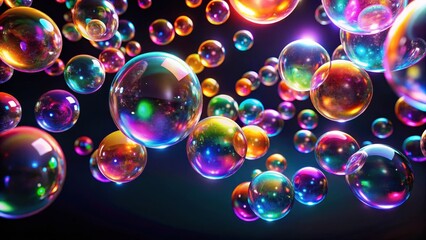 Naklejka premium Colorful neon bubbles suspended in mid-air against a dark black background, creating an ethereal and mesmerizing effect , glowing orbs, black background
