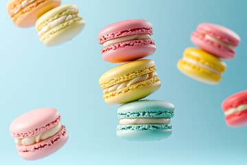 Colorful Macarons in Mid-Air