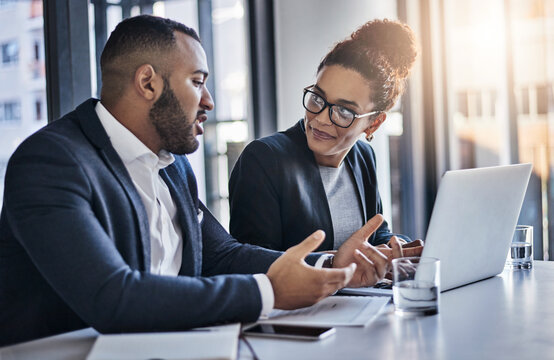 Corporate, business meeting and people with laptop for website research, proposal and online report. Professional, documents and woman with man on computer for planning, company review and strategy