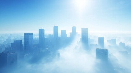 A cityscape shrouded in fog under a bright sky with skyscrapers emerging from mist