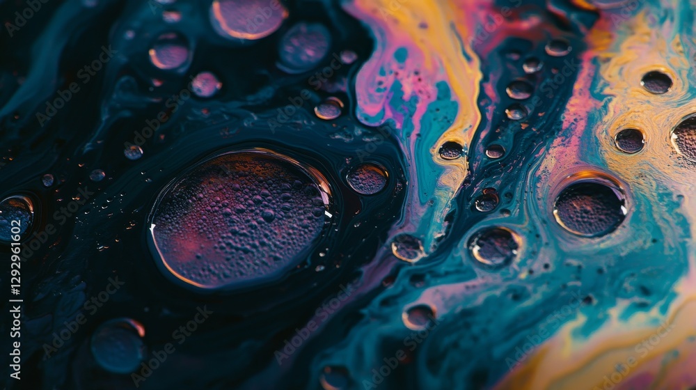 Poster abstract liquid art with colorful oil bubbles in vibrant hues, accentuating depth and texture. artis