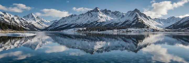 Snow-Capped Mountains Reflected in Icy Lake , Serene Winter Landscape