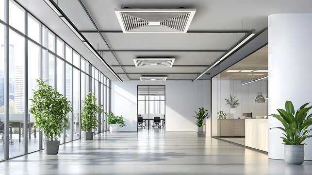 Sleek and contemporary ceiling mounted ventilation fan installed in a bright open plan modern office building interior  The fan is part of the HVAC system