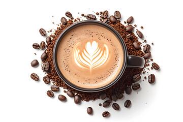 A top-down view of a dark ceramic cup filled with latte art, surrounded by scattered coffee beans and a pile of ground coffee on a white background, capturing the essence of a perfect coffee moment