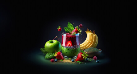 Fototapeta premium Vibrant fruit smoothie with fresh ingredients. Apple, banana, berries, and mint leaves arranged around a glass of healthy beverage.