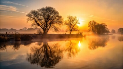 Obraz premium Silhouette of trees against the setting sun on River Yare at dusk, wildlife, fog, wildlife,fog,bright colors, nature scenery