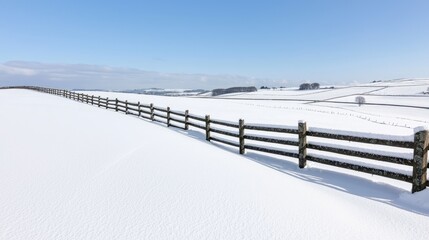 Snow-covered field, wooden fence, winter landscape, rural scene