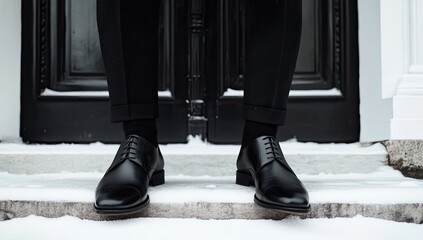 Black shoes on snowy steps, formal wear, winter day