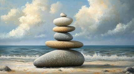 Pebble balance art on a remote shoreline, storm clouds forming in the distance.