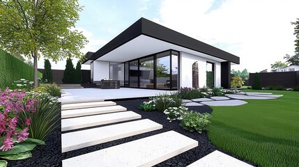Fototapeta premium Modern house surrounded by garden, showcasing sleek design and landscaping.