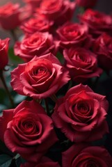 Obraz premium A captivating close-up showcasing a lush bouquet of velvety crimson roses, their petals gently unfurling to reveal the heart of each bloom, a symphony of rich color and elegant form.