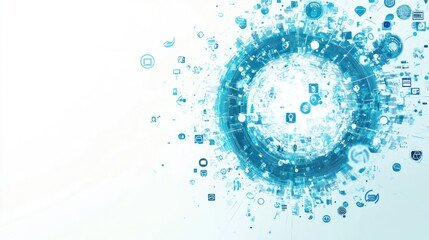 Abstract digital network graphic with interconnected icons.