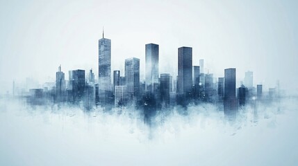 A blue tinted illustration of a city skyline with a cloudy texture effect underneath the buildings