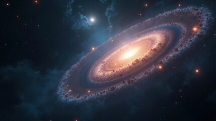 Fototapeta premium A mysterious dark matter halo surrounding an ancient galaxy, its gravitational influence bending reality’s fabric, invisible yet shaping the universe, all in Magical Realism.