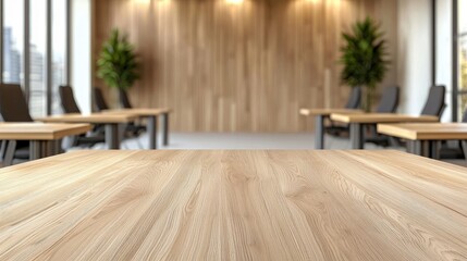 Modern office meeting room, wood table, city view